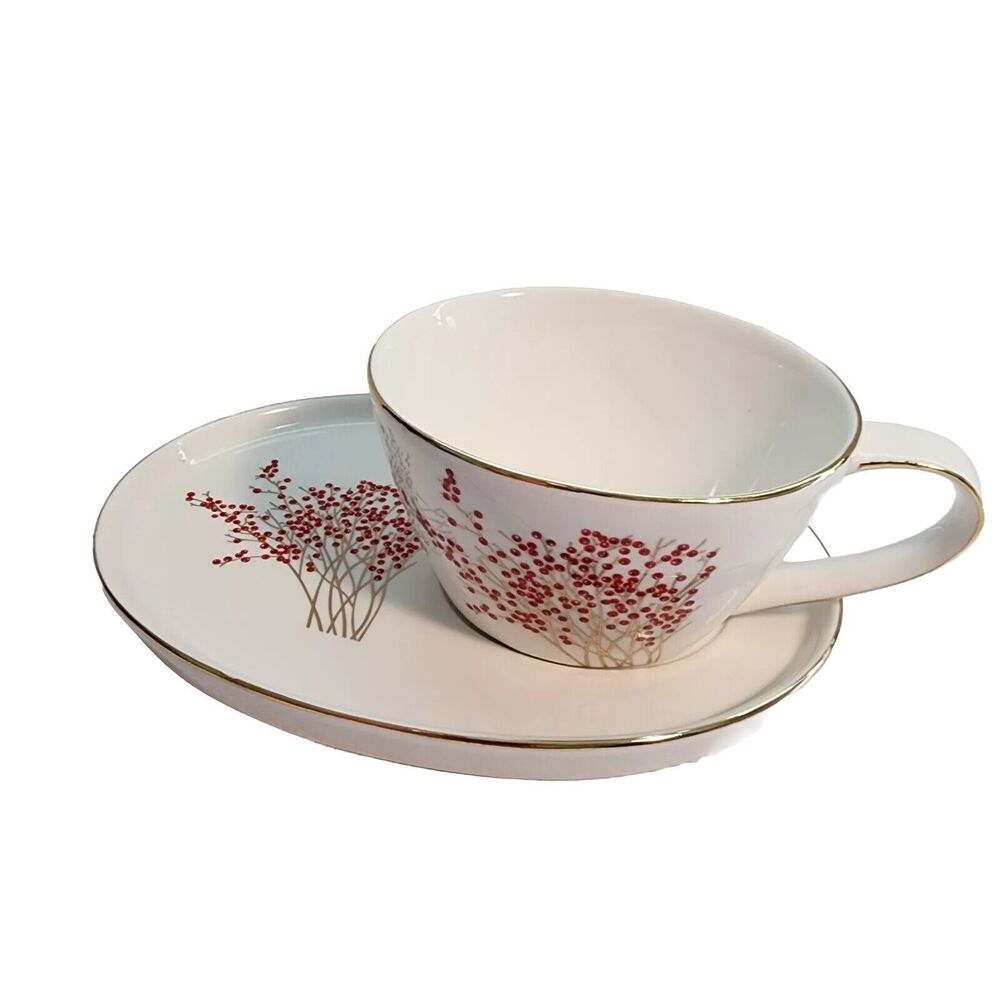 Graces Teaware Oval Cup Snack Plate Merry Christmas Red Holly Gold Trim Writing